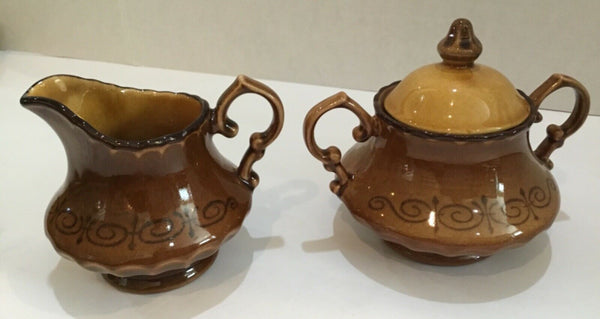 Metlox Vernon Ware "San Fernando Gold Poppy Trail" Creamer & Covered Sugar Bowl