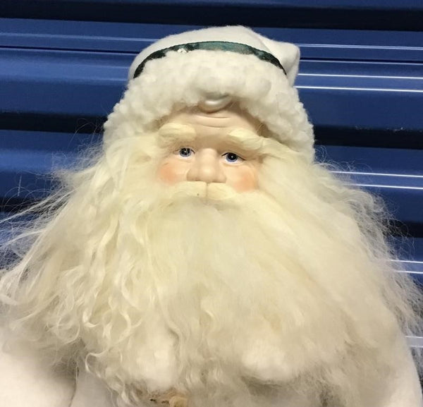 LARGE 28" SANTA FIGURE WEARING A CREAM COLORED COAT HOLDING A LANTERN AND STAFF
