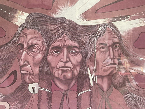NATIVE AMERICAN KIOWA ROBERT REDBIRD "PEYOTE CHIEFS" ART (MATTED AND FRAMED)