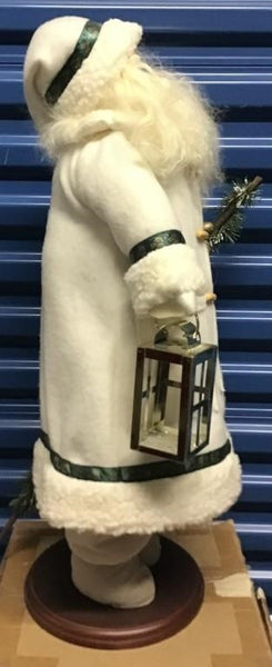 LARGE 28" SANTA FIGURE WEARING A CREAM COLORED COAT HOLDING A LANTERN AND STAFF