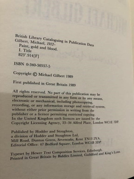 1989 PAINT, GOLD, AND BLOOD BY MICHAEL GILBERT (SIGNED FIRST EDITION HARDBACK)