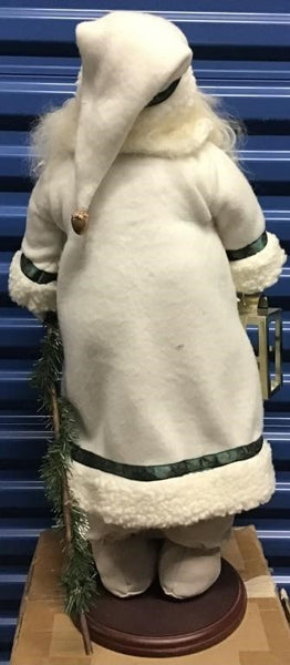 LARGE 28" SANTA FIGURE WEARING A CREAM COLORED COAT HOLDING A LANTERN AND STAFF