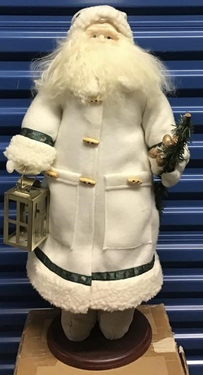 LARGE 28" SANTA FIGURE WEARING A CREAM COLORED COAT HOLDING A LANTERN AND STAFF